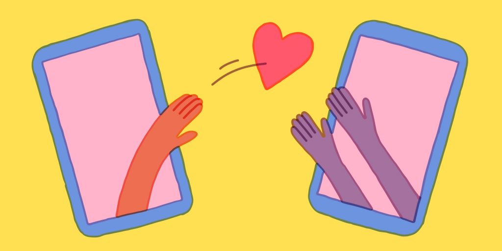 cartoon of two phones holding hands